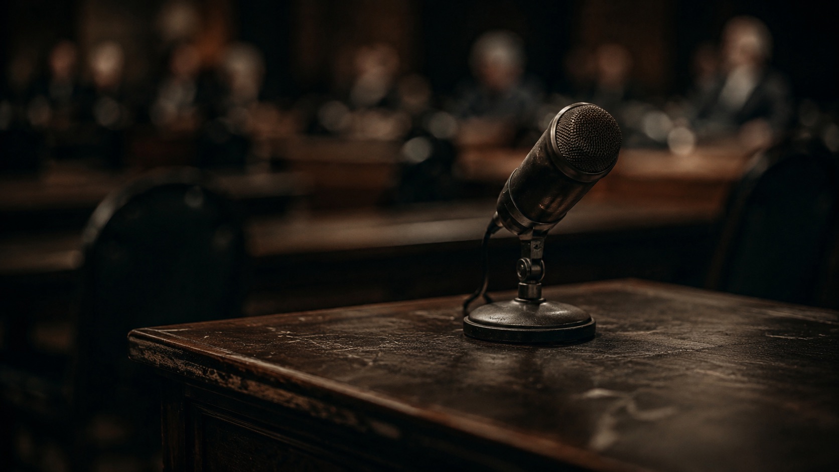 A microphone on an empty lecture table, matching an essay on consensus and dissent.